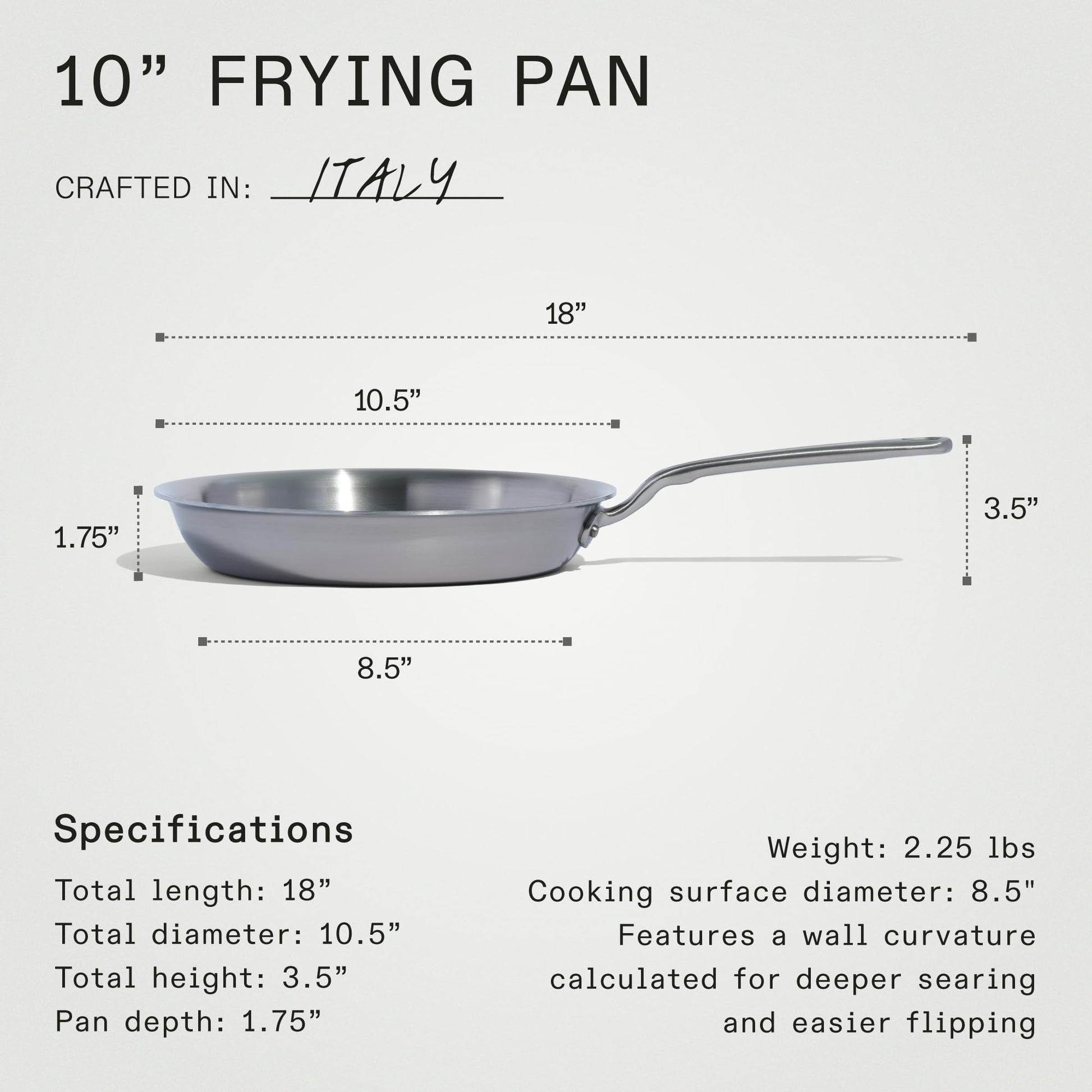 10-inch frying pan with dimensions and specifications on a white background