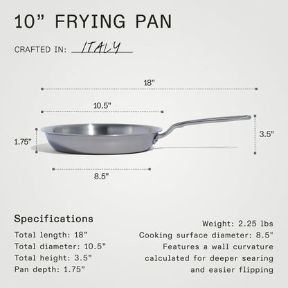 10-inch frying pan with dimensions and specifications on a white background