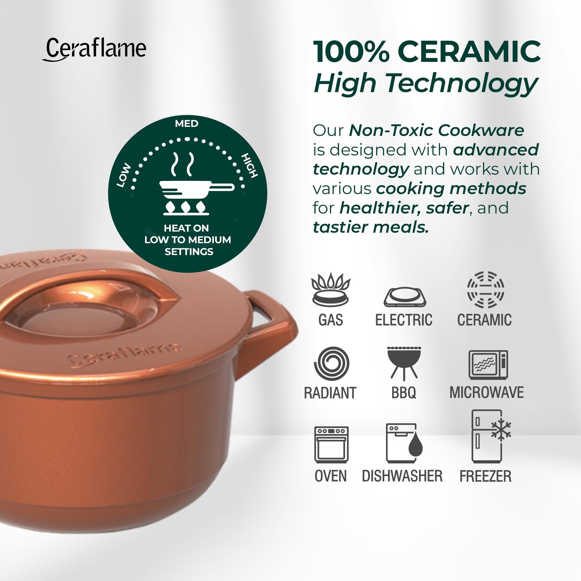 Ceraflame ceramic cookware with features and compatibility icons on a white background