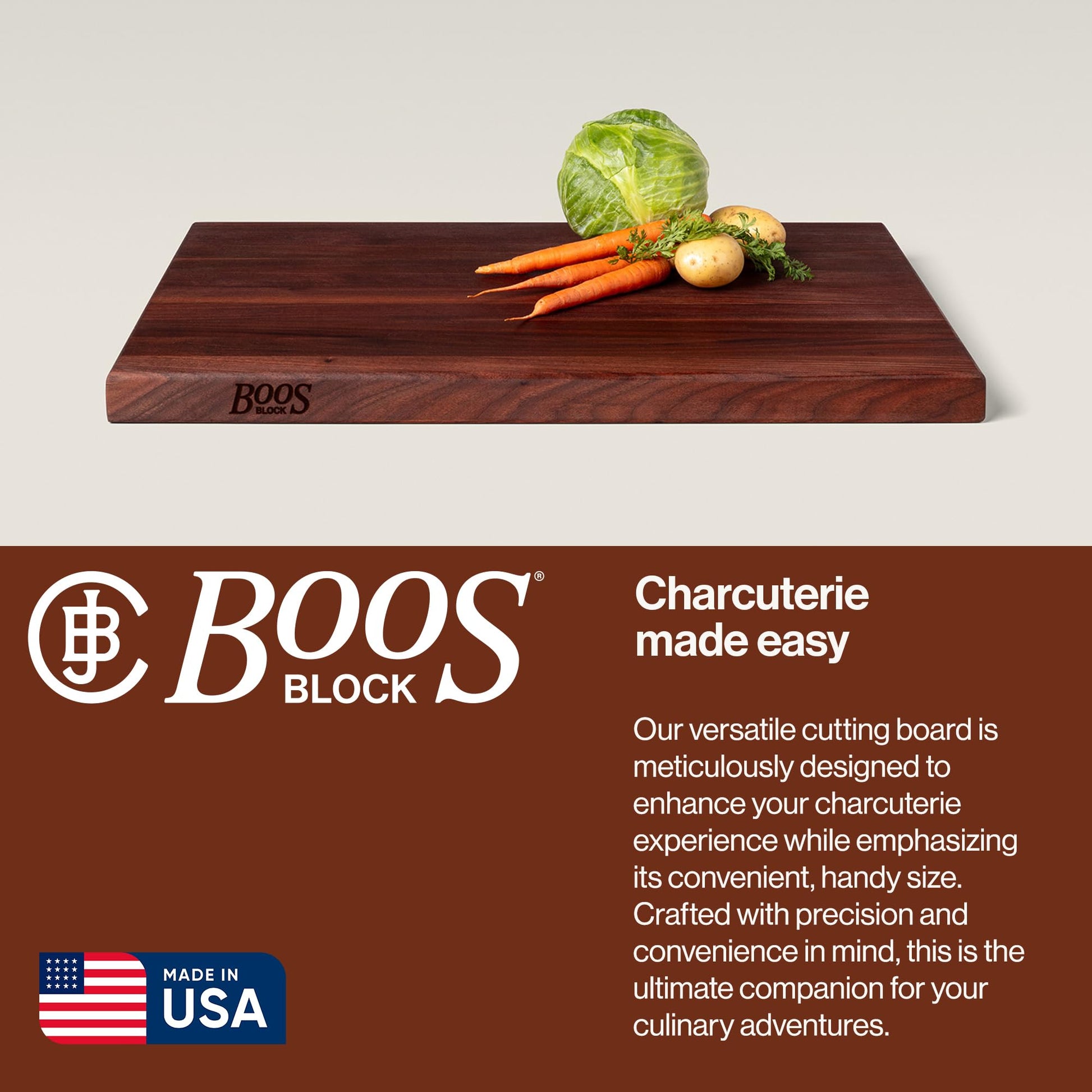 Wooden cutting board with vegetables on a light background, featuring the Boos Block brand.
