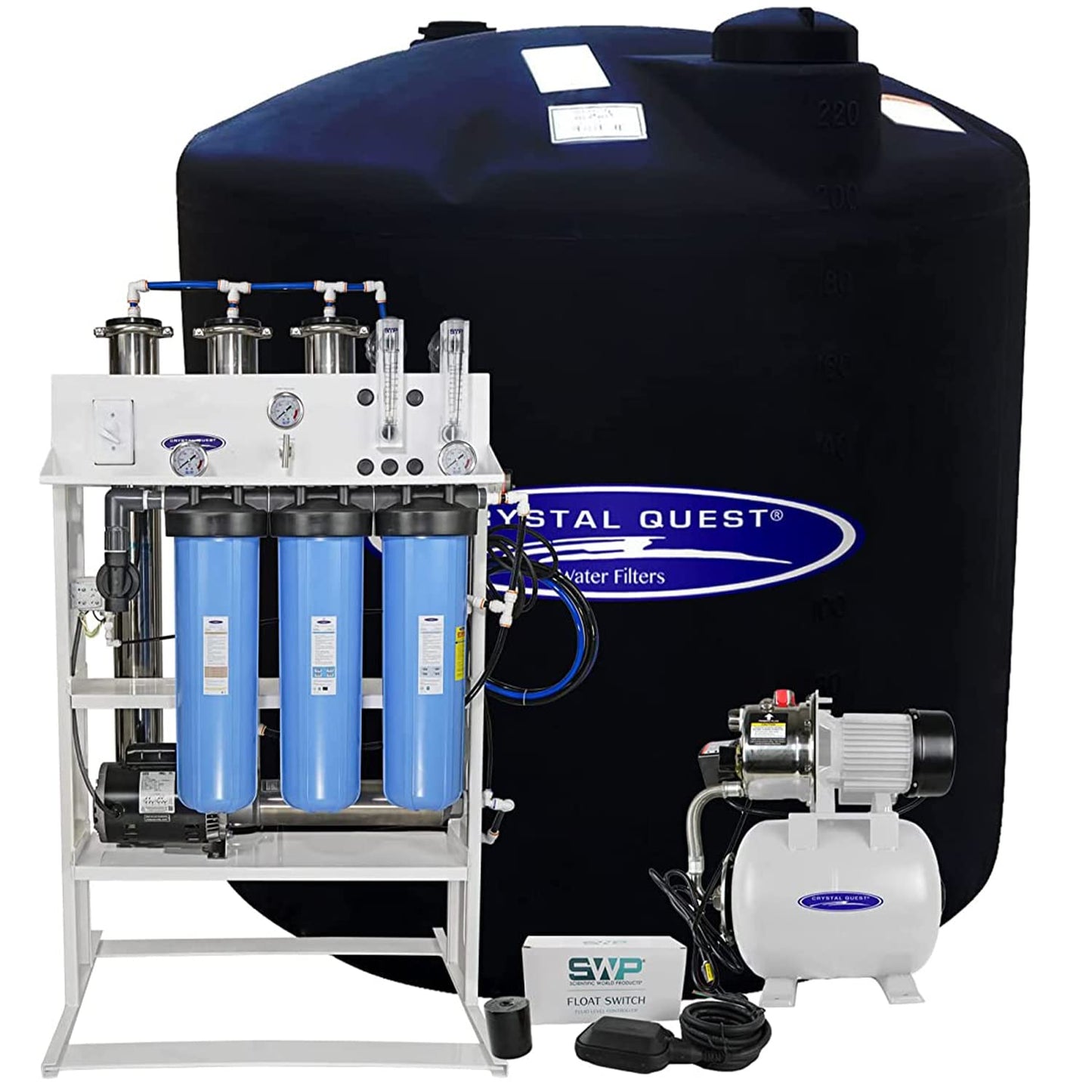 Water filtration system with Crystal Quest branding and a large blue tank in the background.