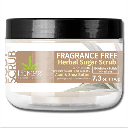 A jar of Hempz Fragrance Free Herbal Sugar Scrub with a black lid and a white and brown label, shown on a plain white background.