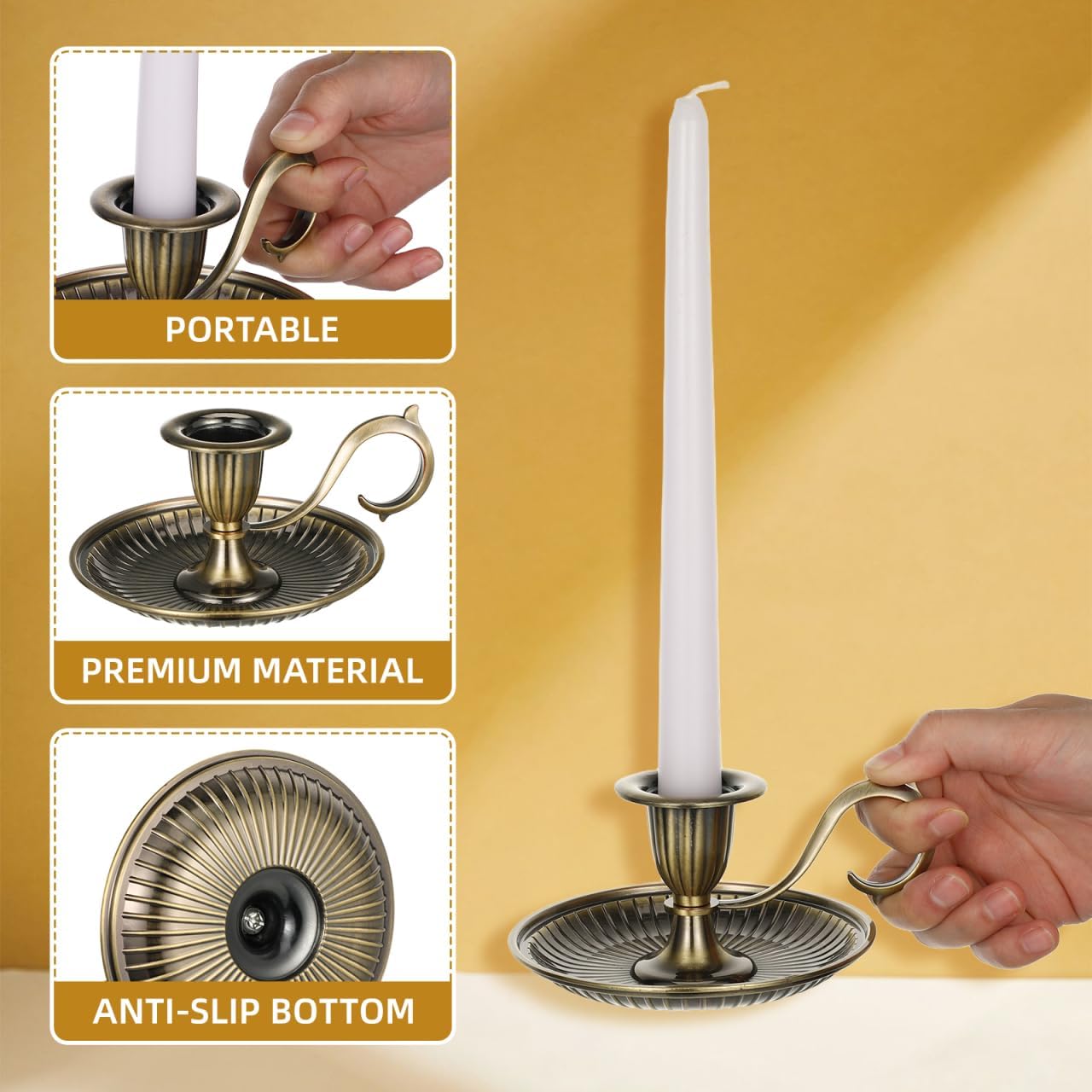 Brass candle holder with a white candle on a yellow background, highlighting features like portability, premium material, and anti-slip bottom.