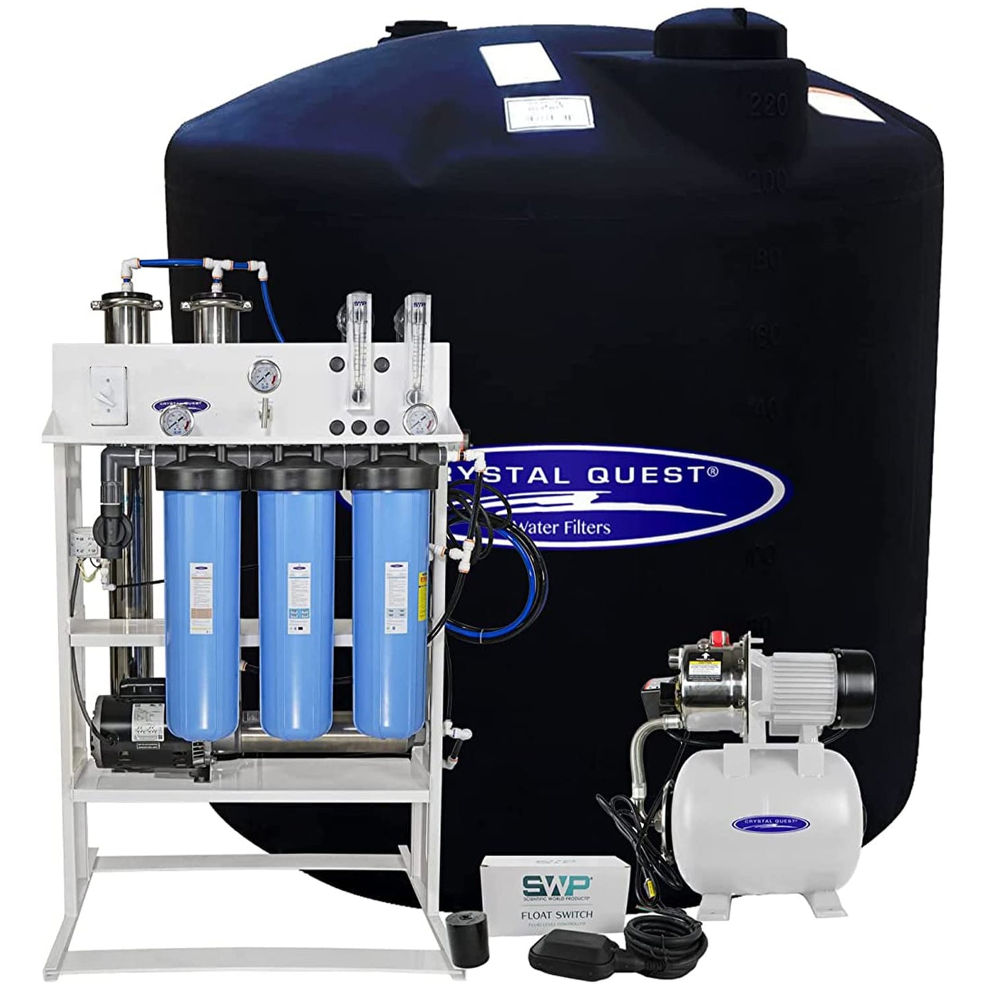 Water filtration system with blue tanks and a pump, featuring Crystal Quest branding.