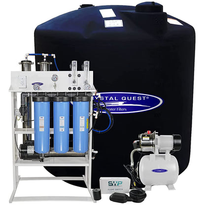 Water filtration system with blue tanks and a pump, featuring Crystal Quest branding.