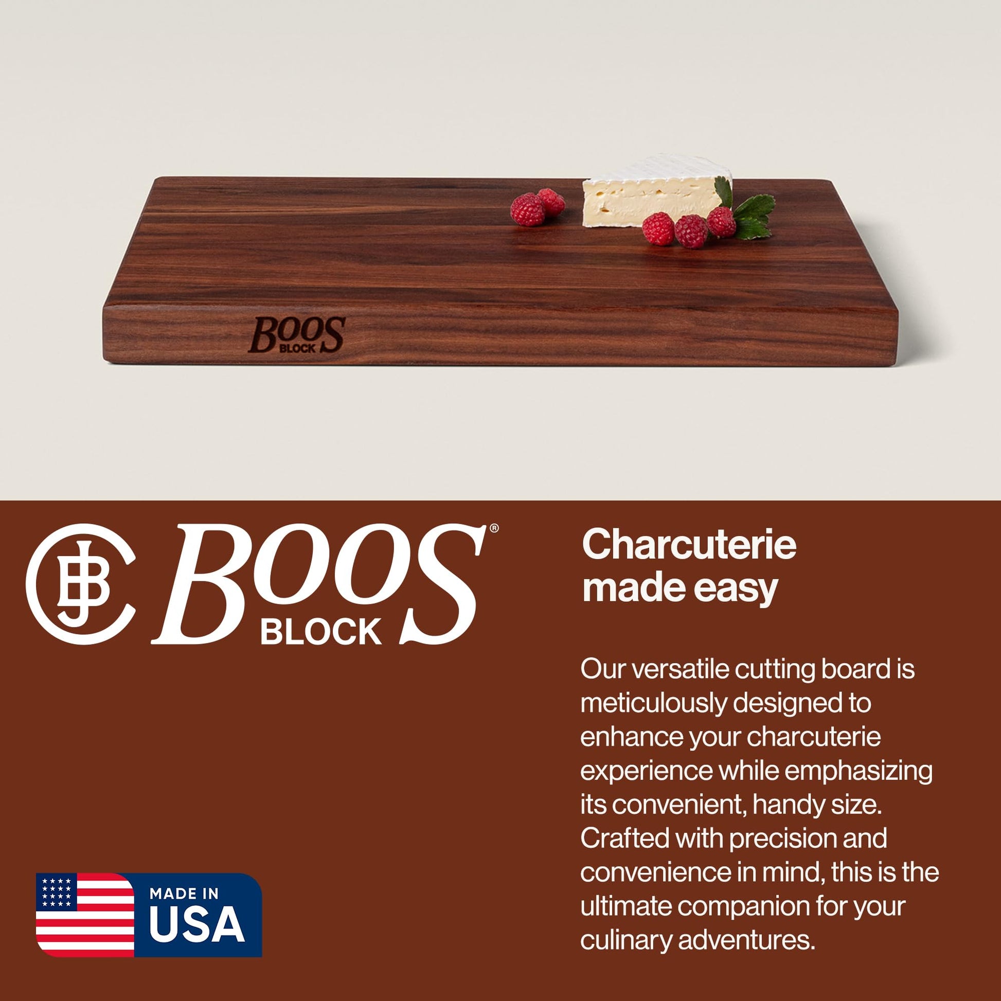Wooden cutting board with 'Boos Block' branding and text about the product on a beige background.