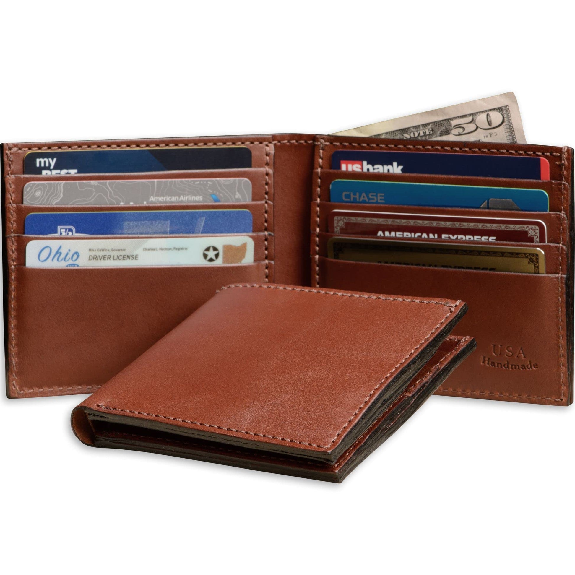 Brown leather wallet with cards and money on a white background