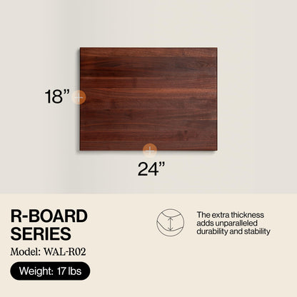 Wooden cutting board with dimensions and product details on a light background