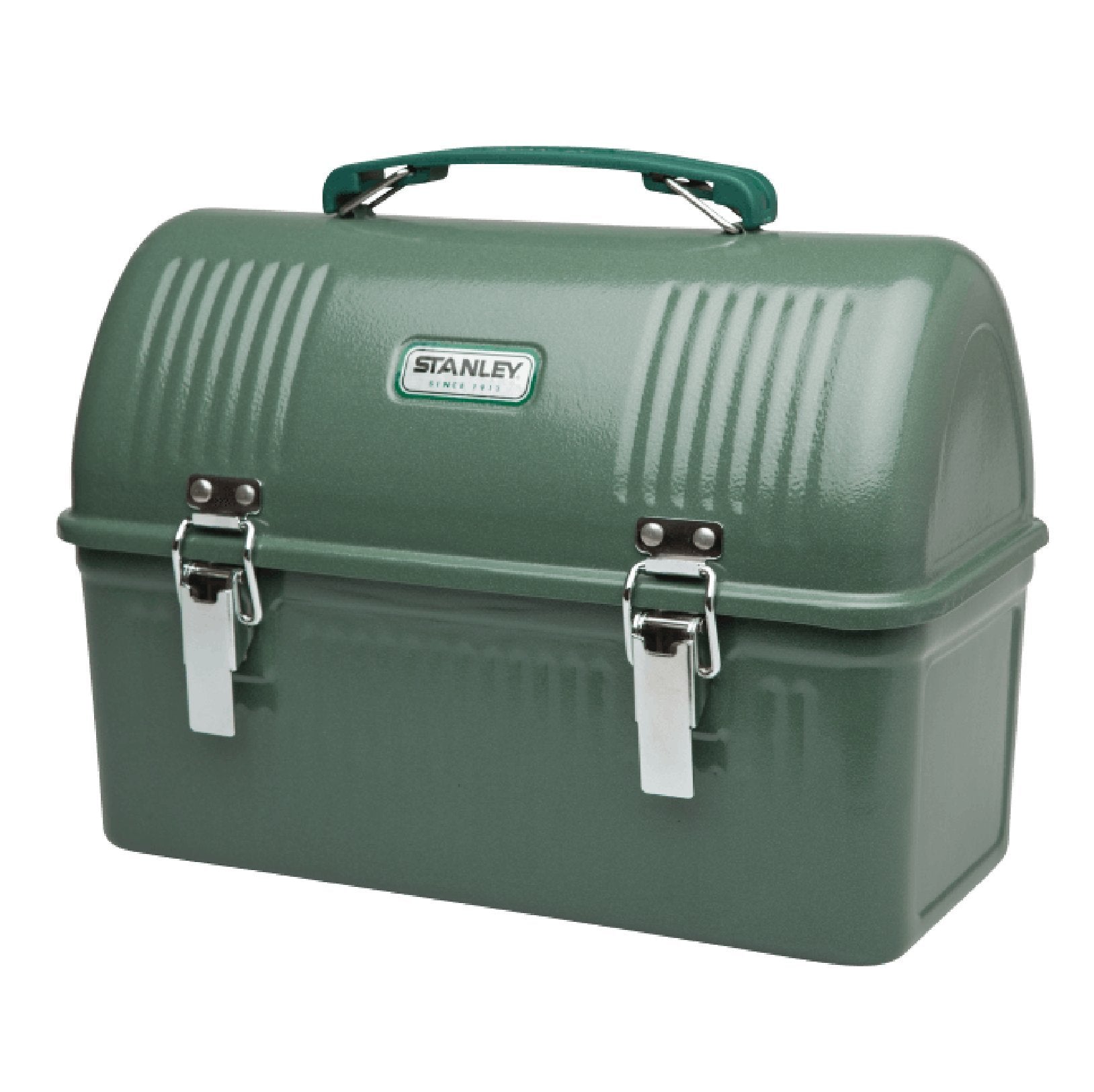 Green Stanley classic lunch box on a white background