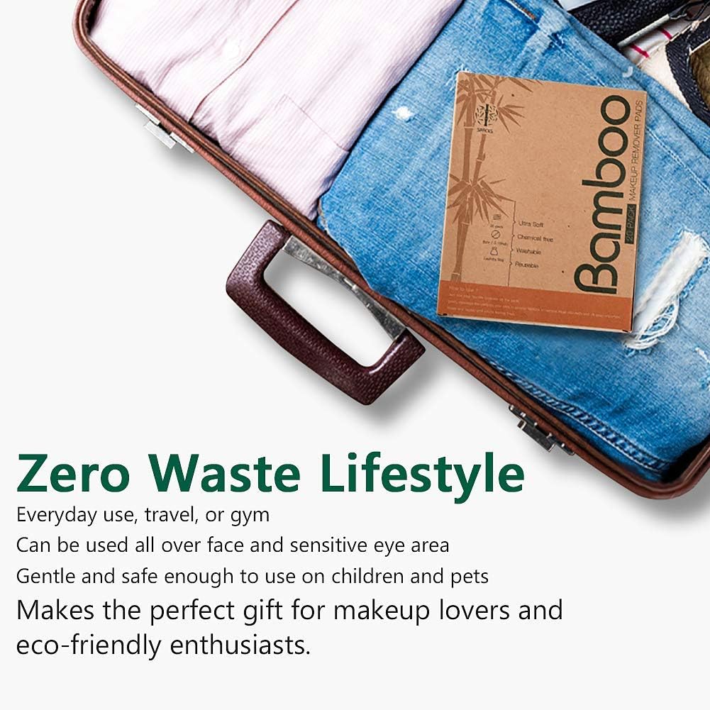 Organic Bamboo Reusable Makeup Remover Pads: 20-Pack with Laundry Bag