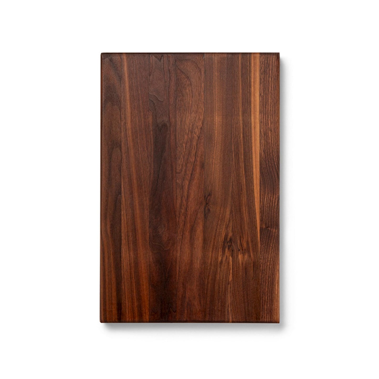 Wooden cutting board with a dark brown finish on a white background