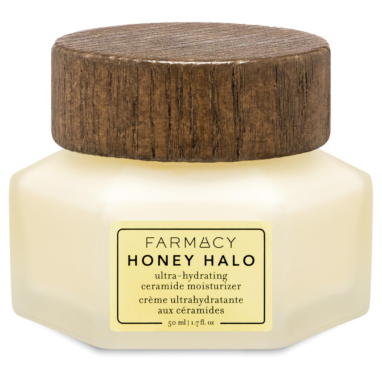 Farmacy Honey Halo moisturizer jar with wooden cap on a white background