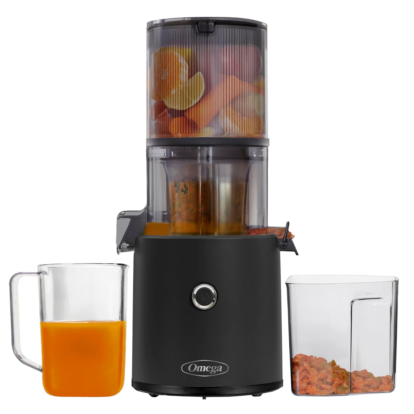 Omega juicer with fruits inside, a glass of juice, and a container of pulp on a white background
