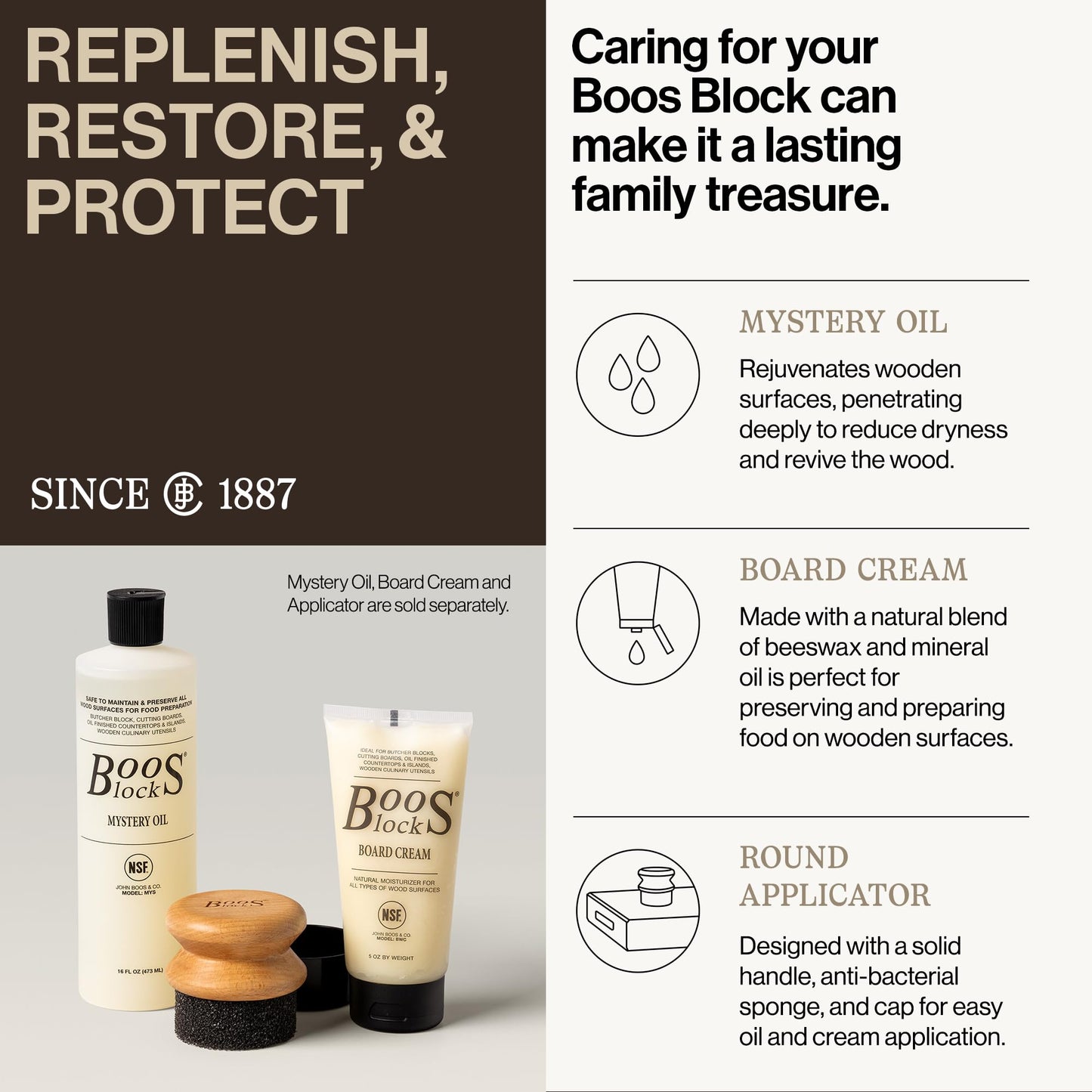Boos Block product set with bottles and a tube, accompanied by text about product features and history.