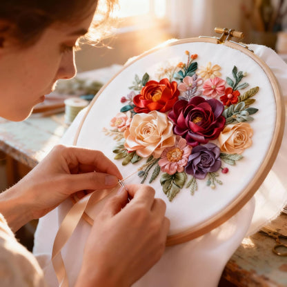 Person embroiderying a floral design on a hoop with a blurred background