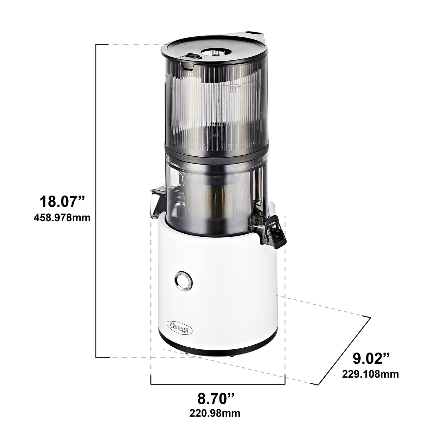 White and black juicer with dimensions labeled on a white background