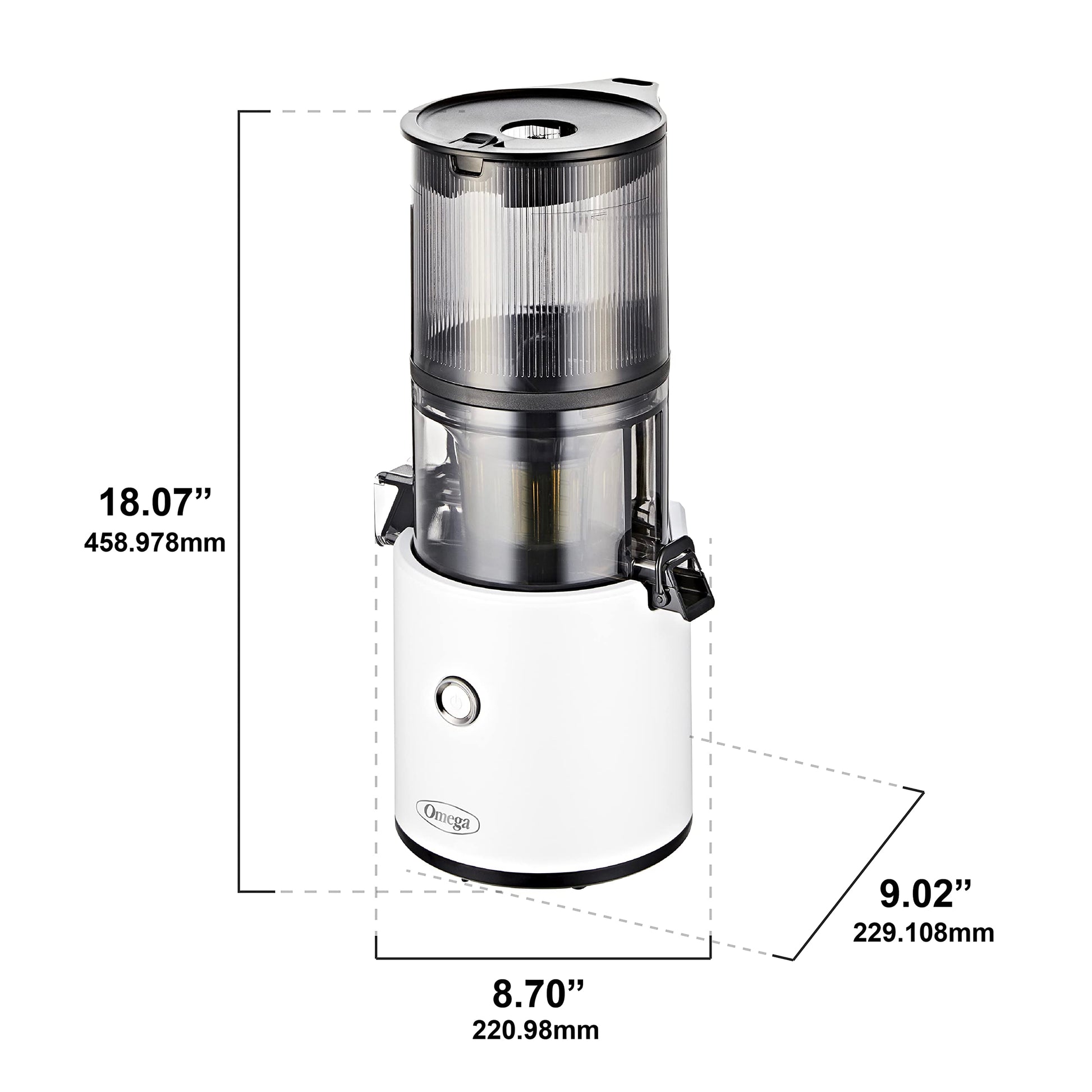White and black juicer with dimensions labeled on a white background