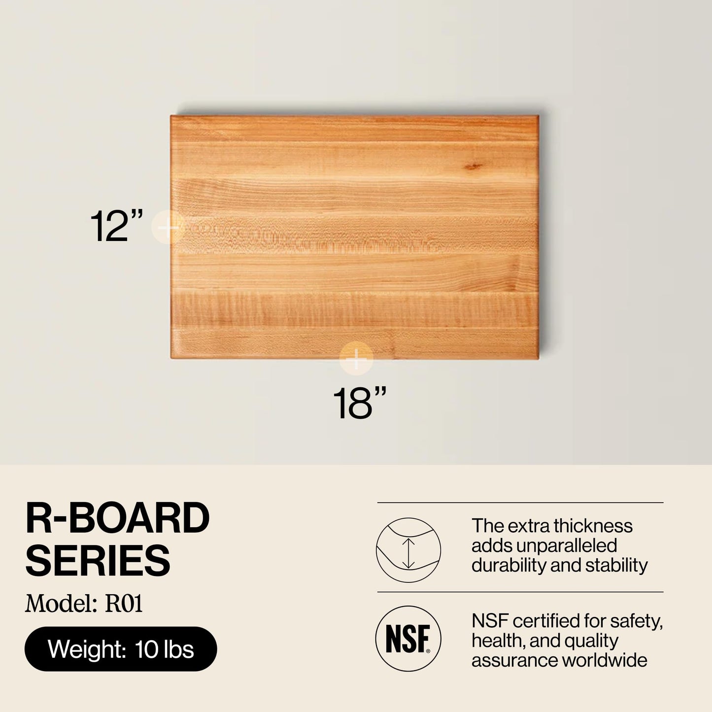 Wooden cutting board with dimensions and certification details on a light gray background
