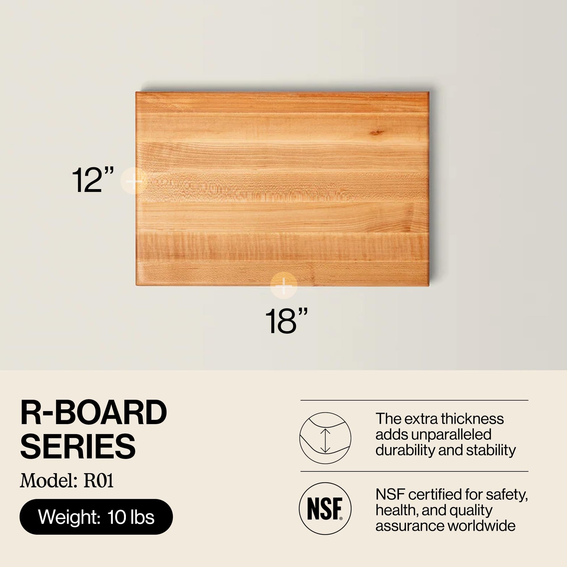 Wooden cutting board with dimensions and certification details on a light gray background