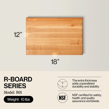 Wooden cutting board with dimensions and certification details on a light gray background