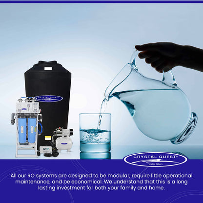 Crystal Quest water filter system with pitcher, glass, and packaging on a blue background
