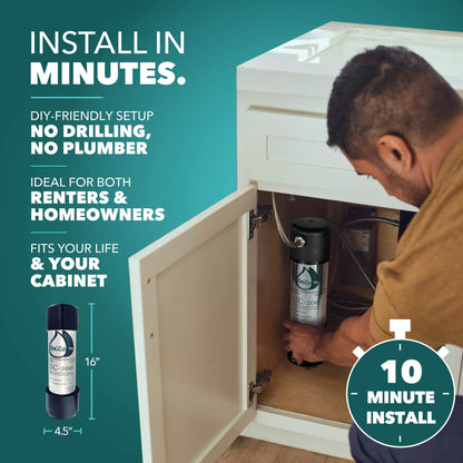 Person installing a water filter system in a cabinet with text highlighting quick installation and DIY-friendly setup.