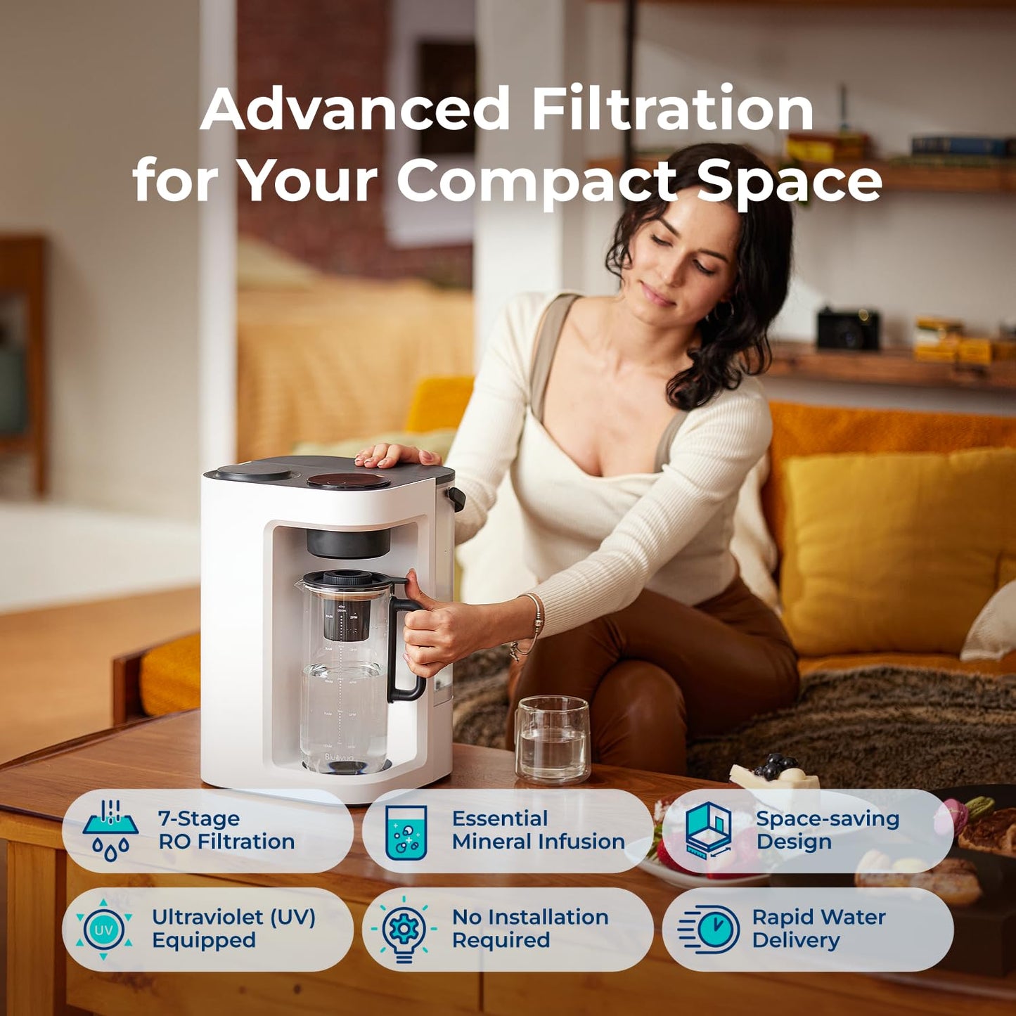 Woman using a compact water filtration device in a living room with text highlighting features.