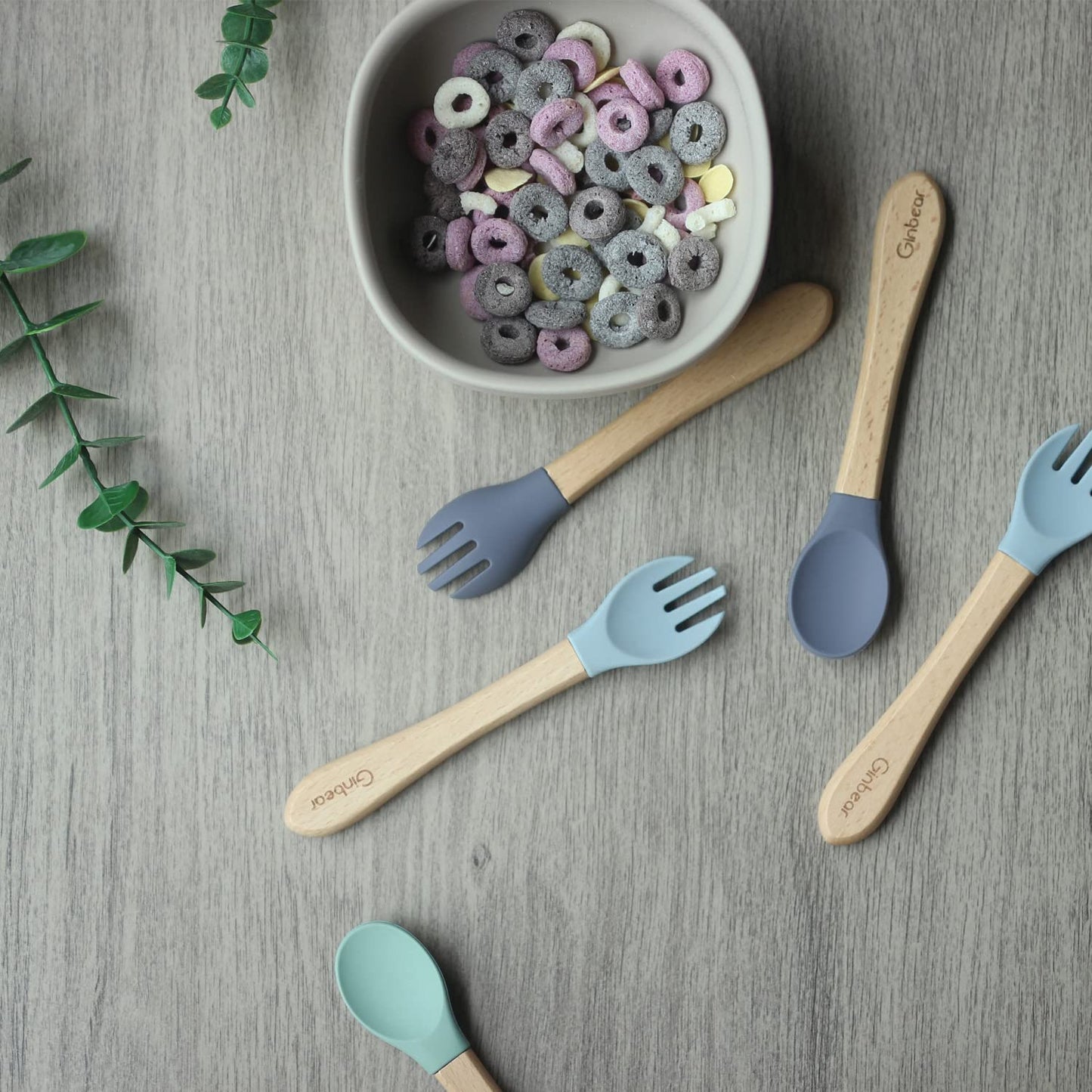 Ginbear 100% Plastic-Free Silicone & Natural Wood Toddler Flatware