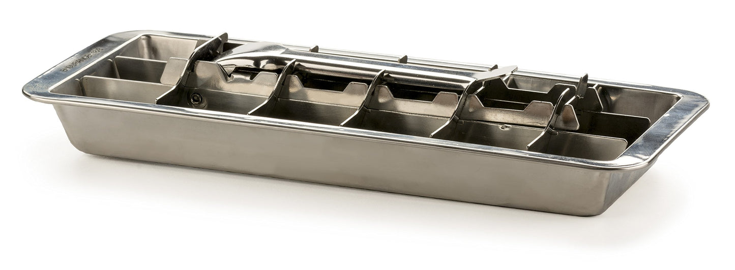 Rsvp stainless ice cube tray on a white background