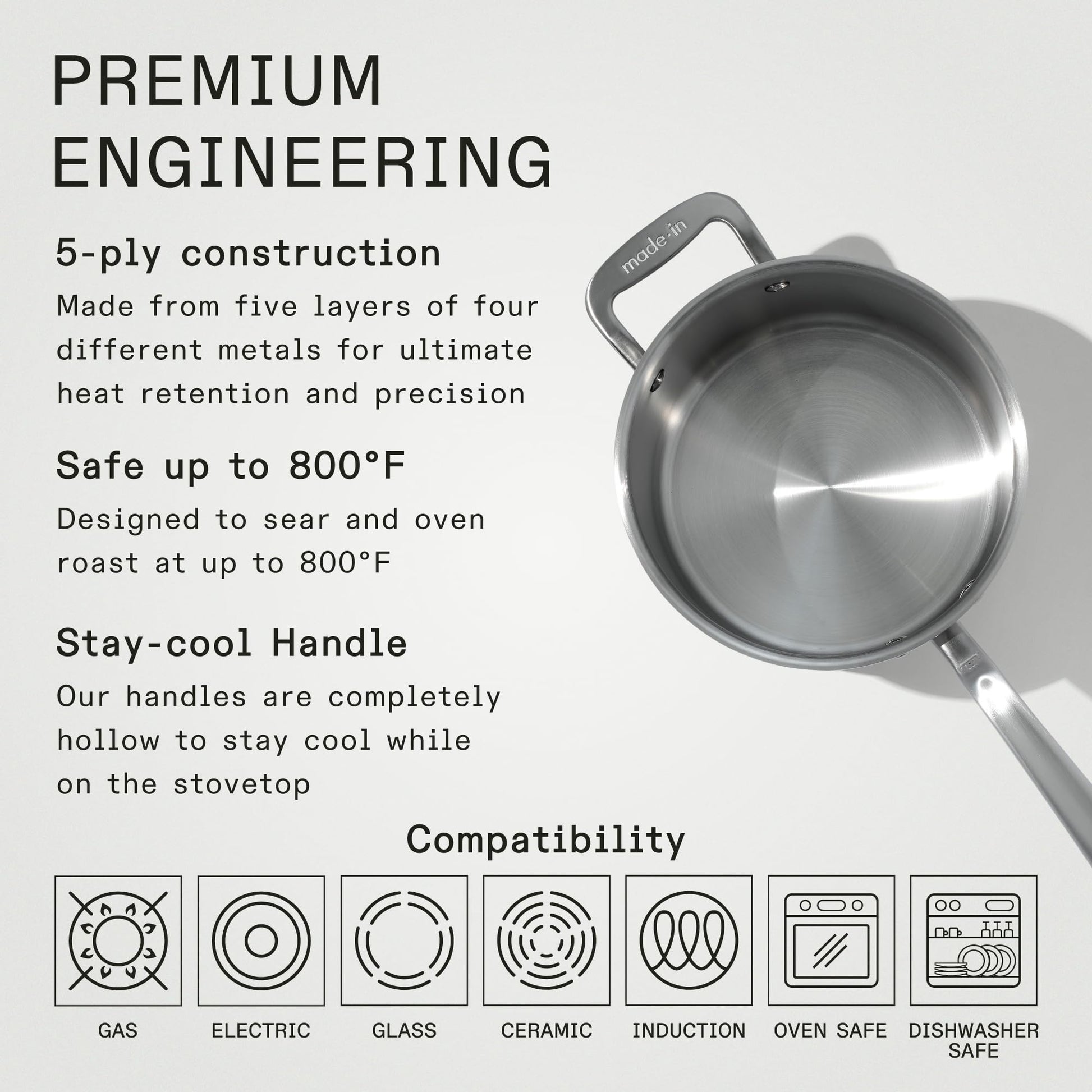 Stainless steel pot with text highlighting features on a light gray background