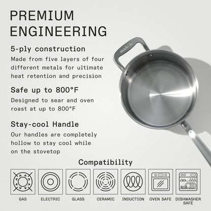 Stainless steel pot with text highlighting features on a light gray background