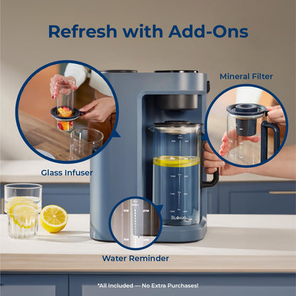 Blue coffee maker with glass infuser, mineral filter, and water reminder on a kitchen counter.