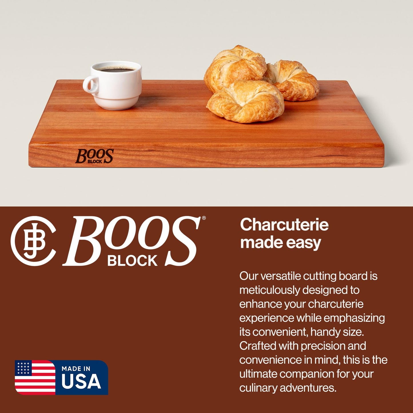 Wooden cutting board with croissants and a cup of coffee, featuring the Boos Block brand.