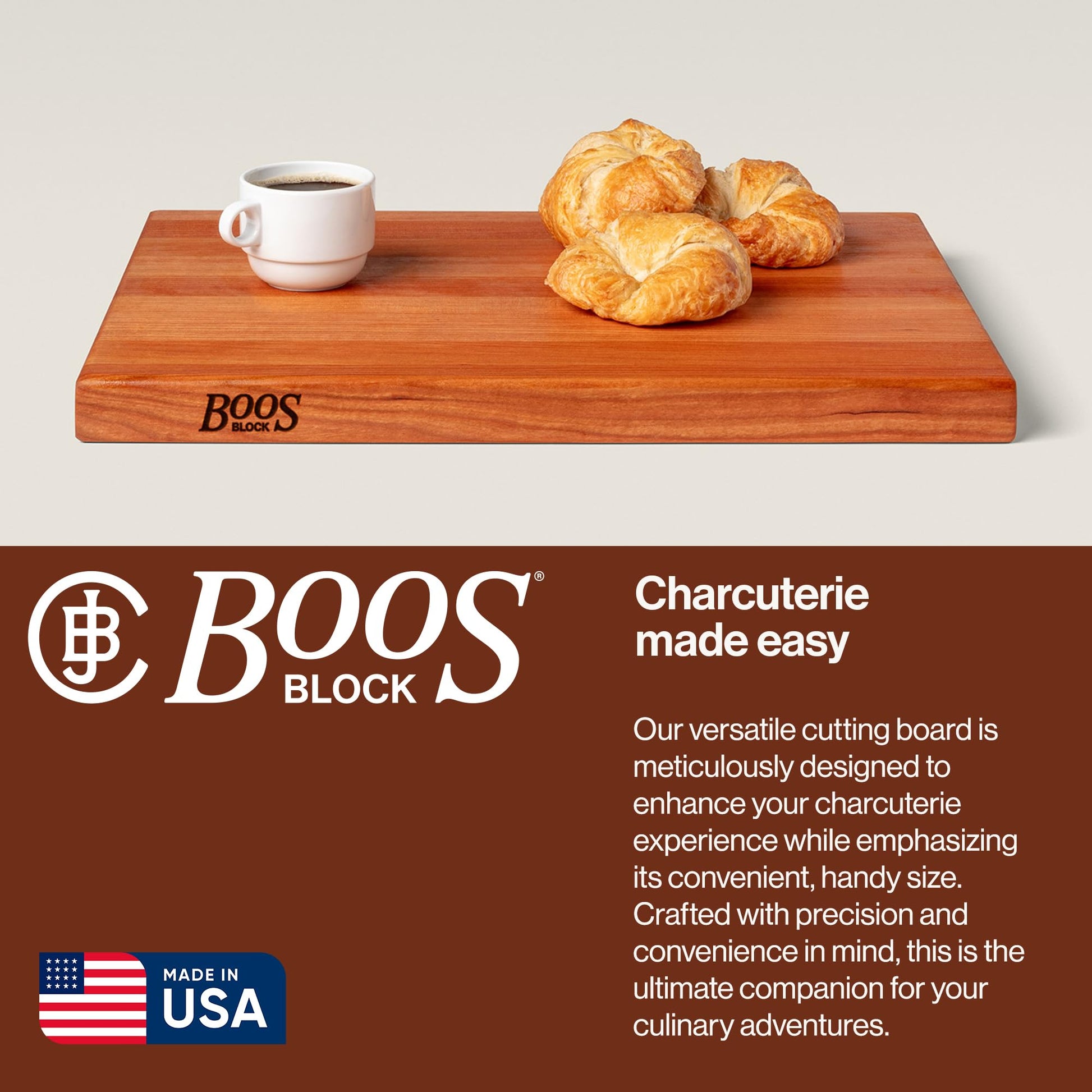 Wooden cutting board with croissants and a cup of coffee, featuring the Boos Block brand.