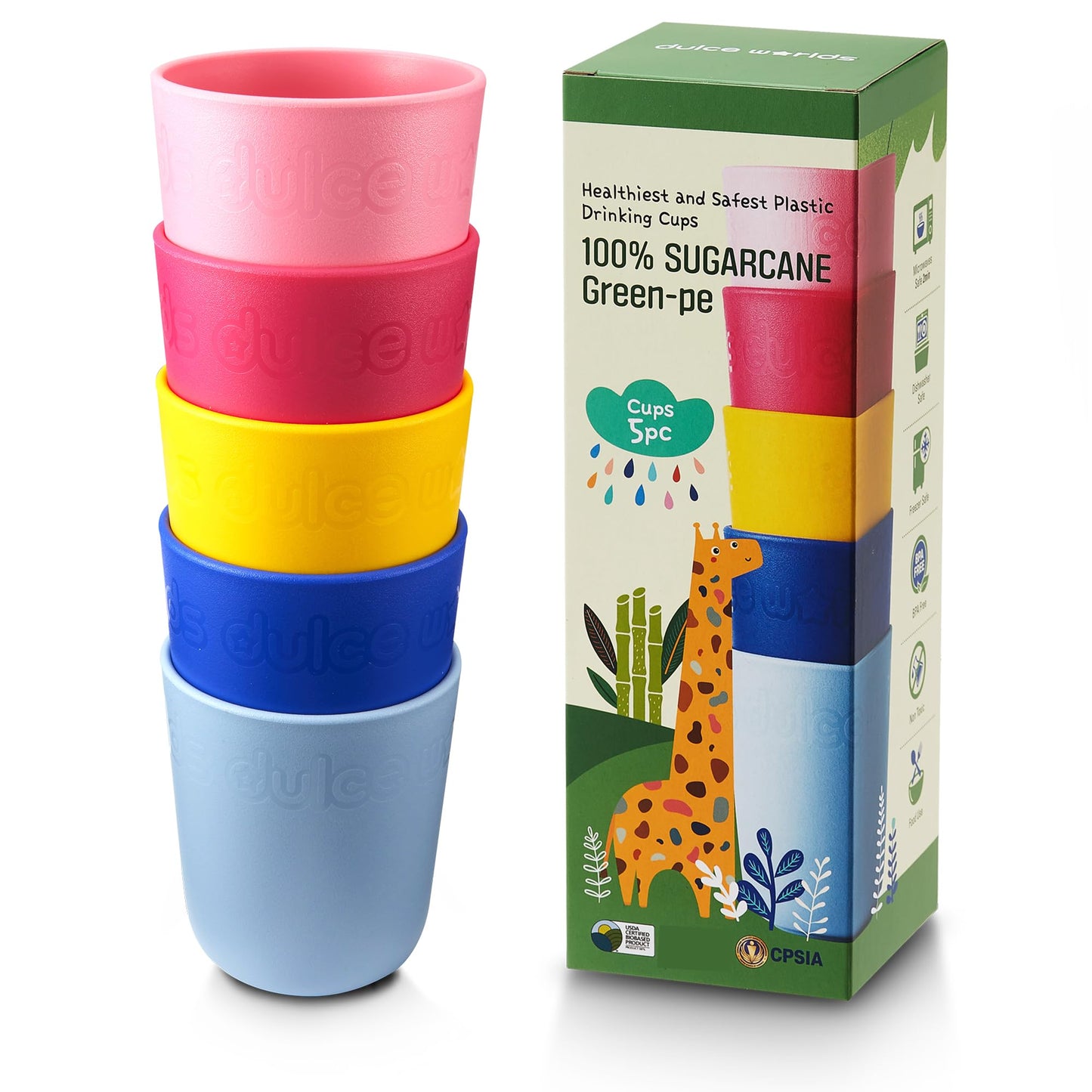 Dulce Worlds 100% Sugarcane Unbreakable Kids Cups (5-Pack)