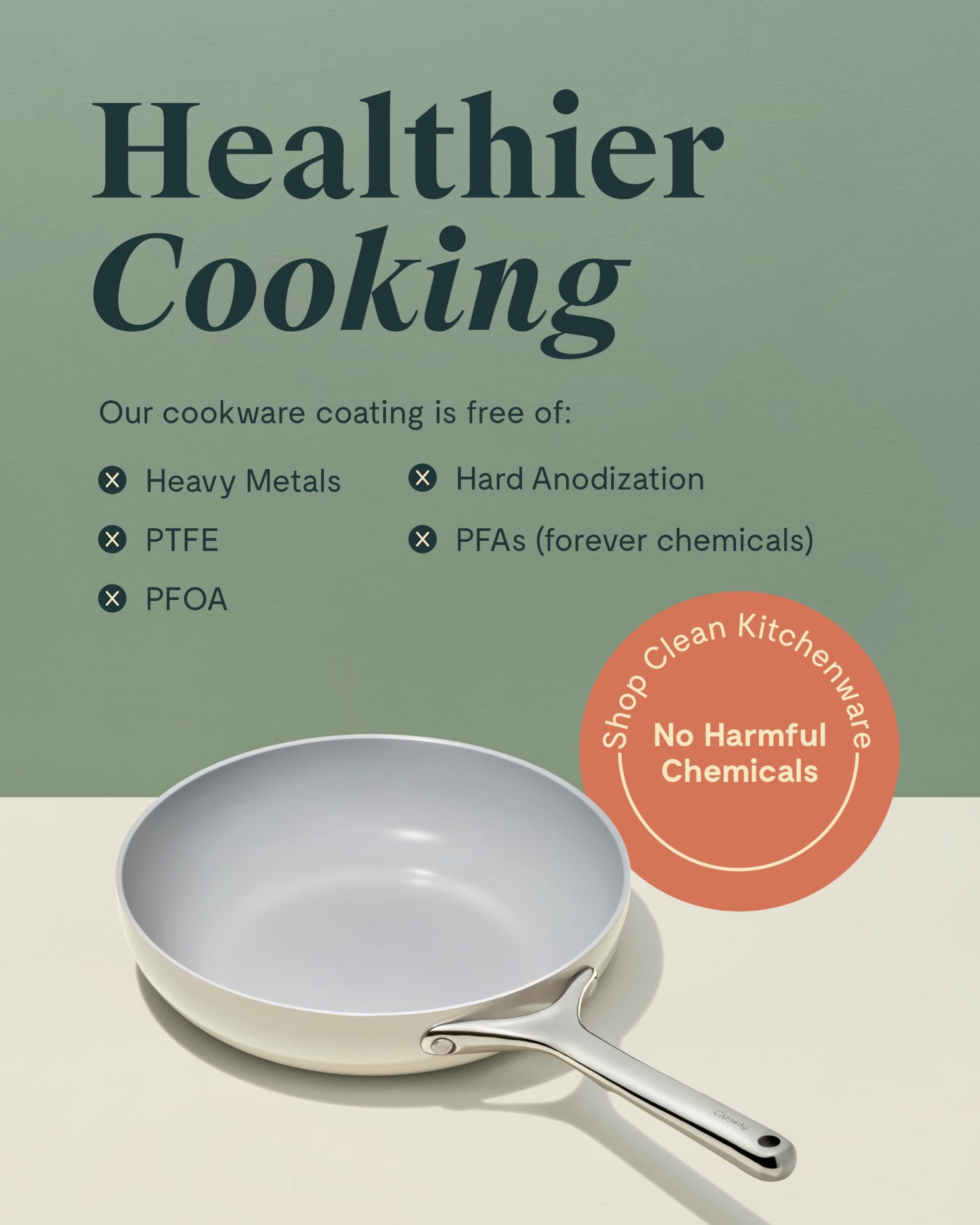 Cookware with text about healthier cooking and chemical-free coating on a green background