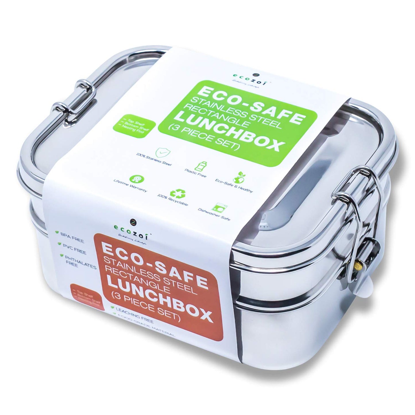 Ecozoi stainless bento lunch box with eco-safe label on a white background