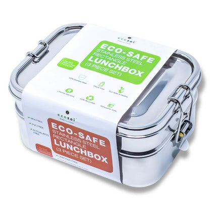 Ecozoi stainless bento lunch box with eco-safe label on a white background