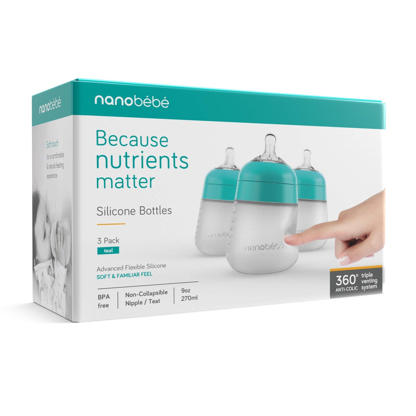 Nanobebe Flexy 9oz Silicone Baby Bottles with Anti-Colic Venting (3-Pack)