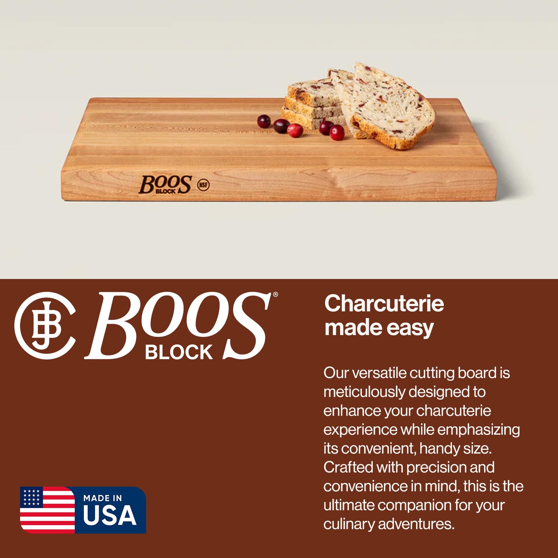 Wooden cutting board with bread and fruit on a beige background, featuring the Boos Block brand.