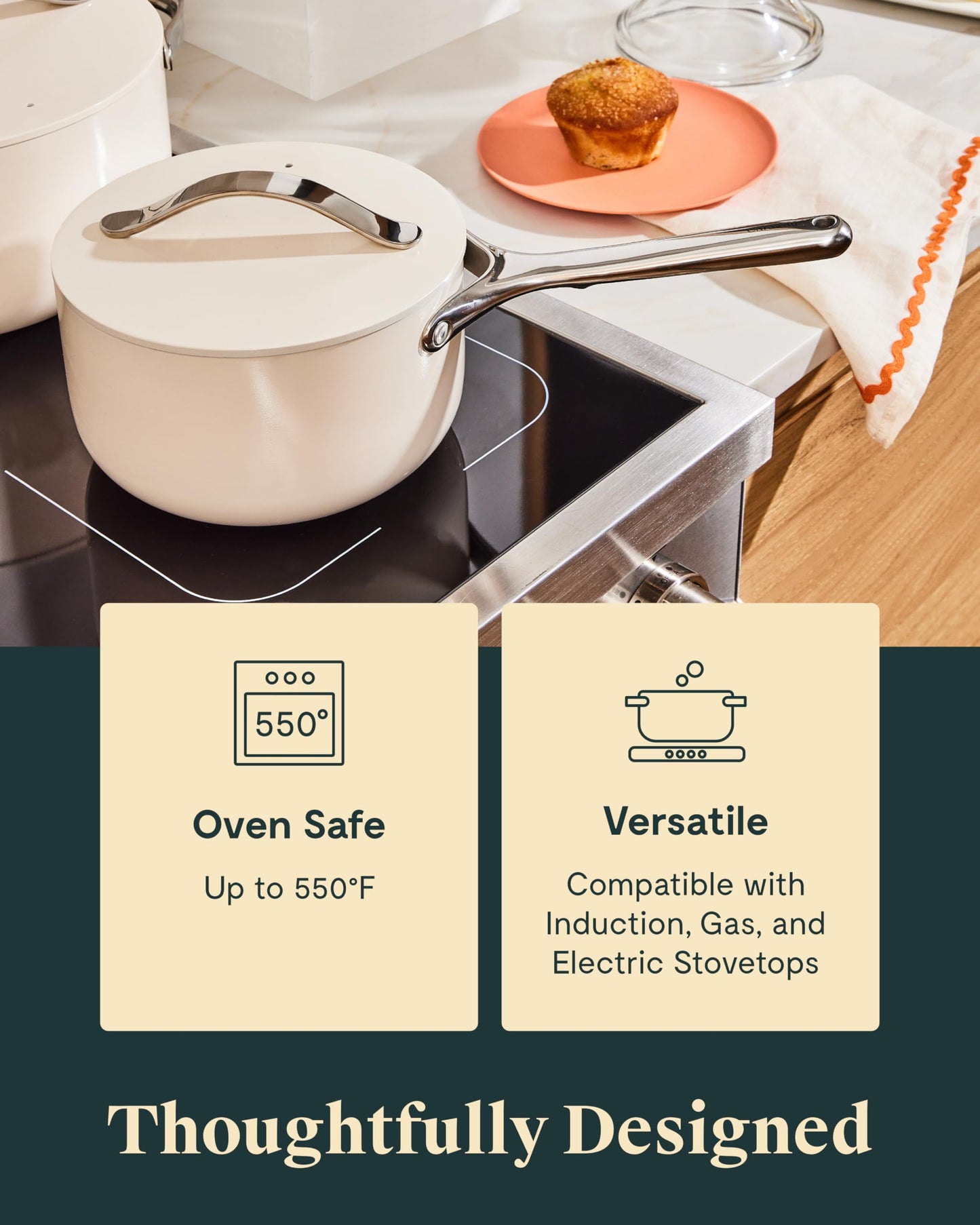 White ceramic cookware set on a stovetop with text highlighting features.