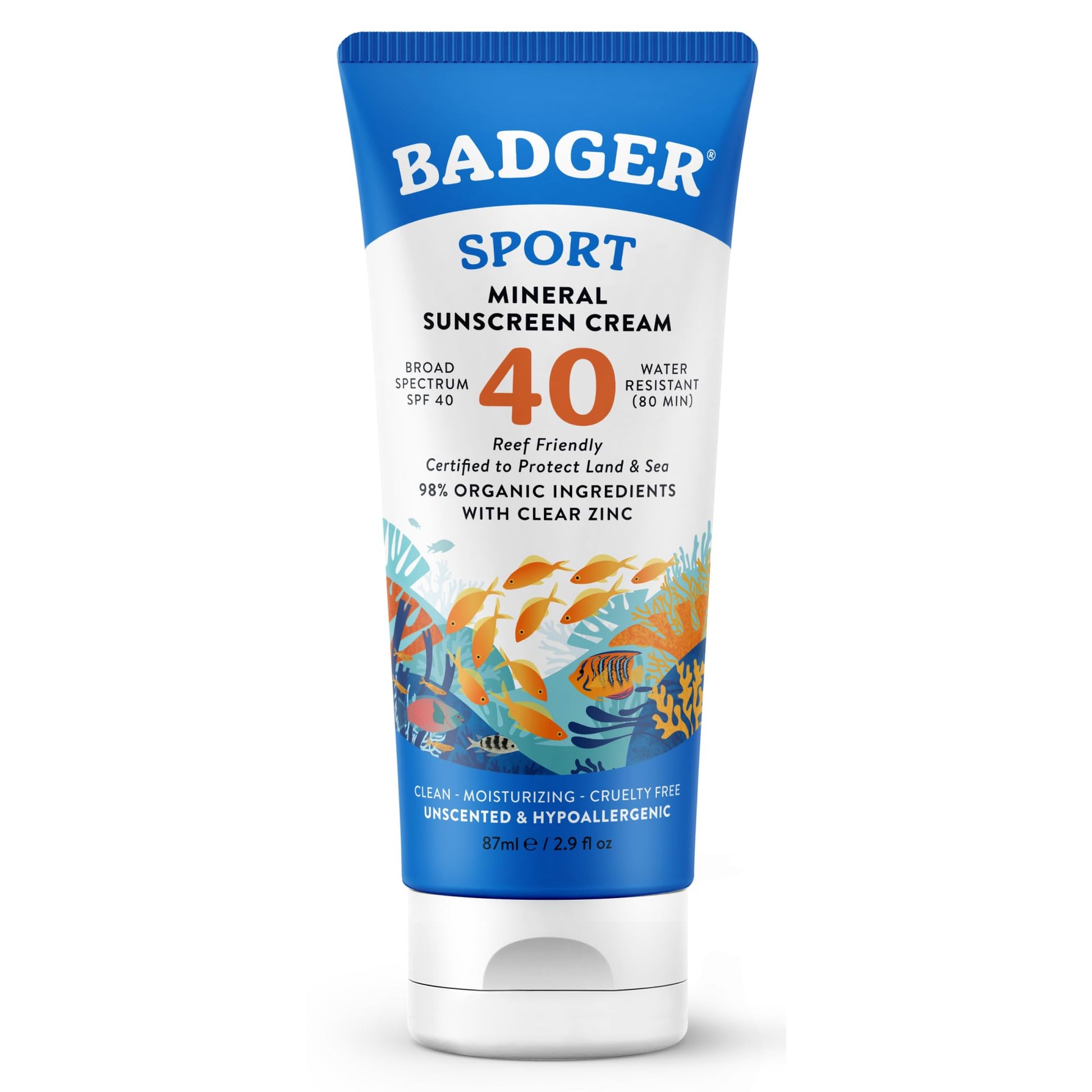 Badger Sport Mineral Sunscreen Cream SPF 40 on a white background