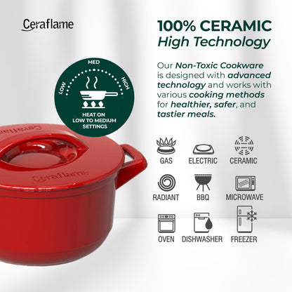 Red Ceraflame ceramic cookware with features and compatibility icons on a white background