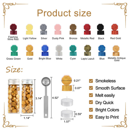 Product size chart sealing wax with various colors and dimensions of a small container and spoon.