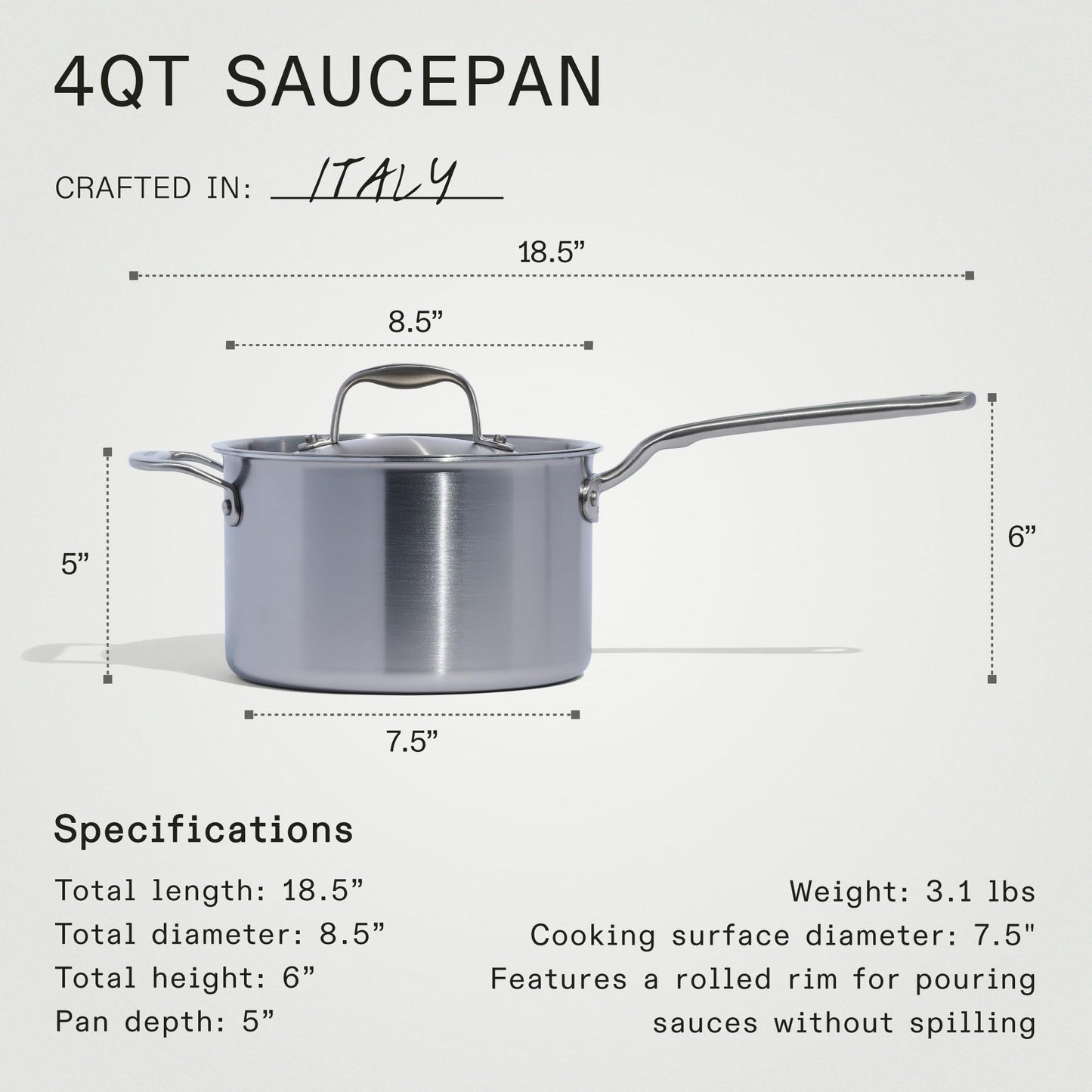 Stainless steel saucepan with dimensions and specifications on a gray background