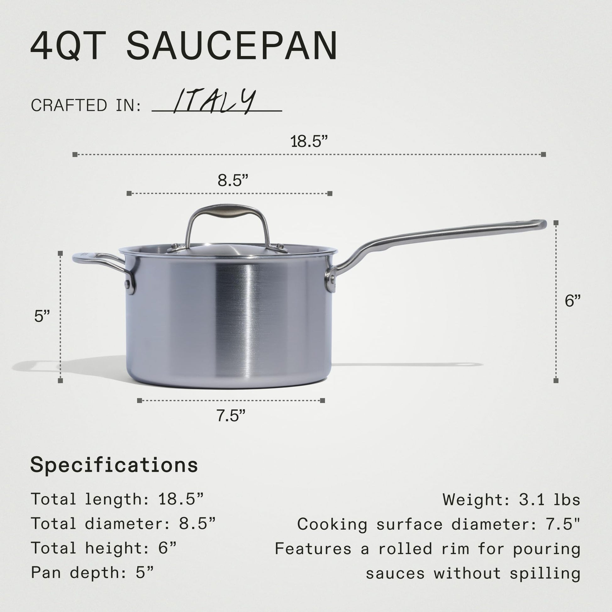 Stainless steel saucepan with dimensions and specifications on a gray background