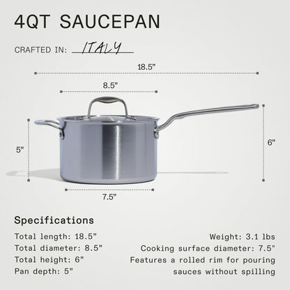 Stainless steel saucepan with dimensions and specifications on a gray background