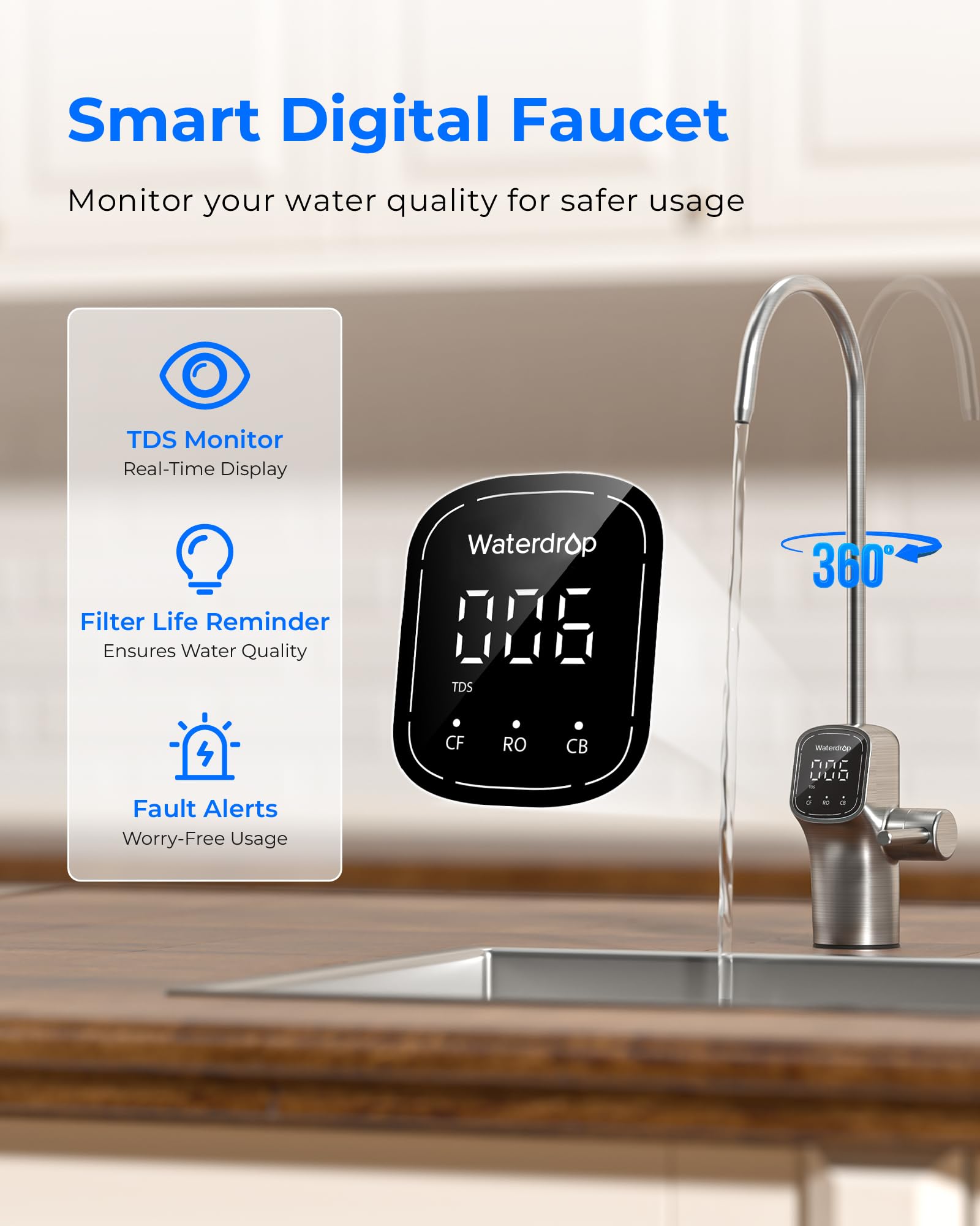 Smart digital faucet with water quality monitoring features on a kitchen counter.