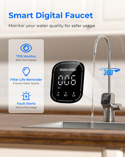 Smart digital faucet with water quality monitoring features on a kitchen counter.
