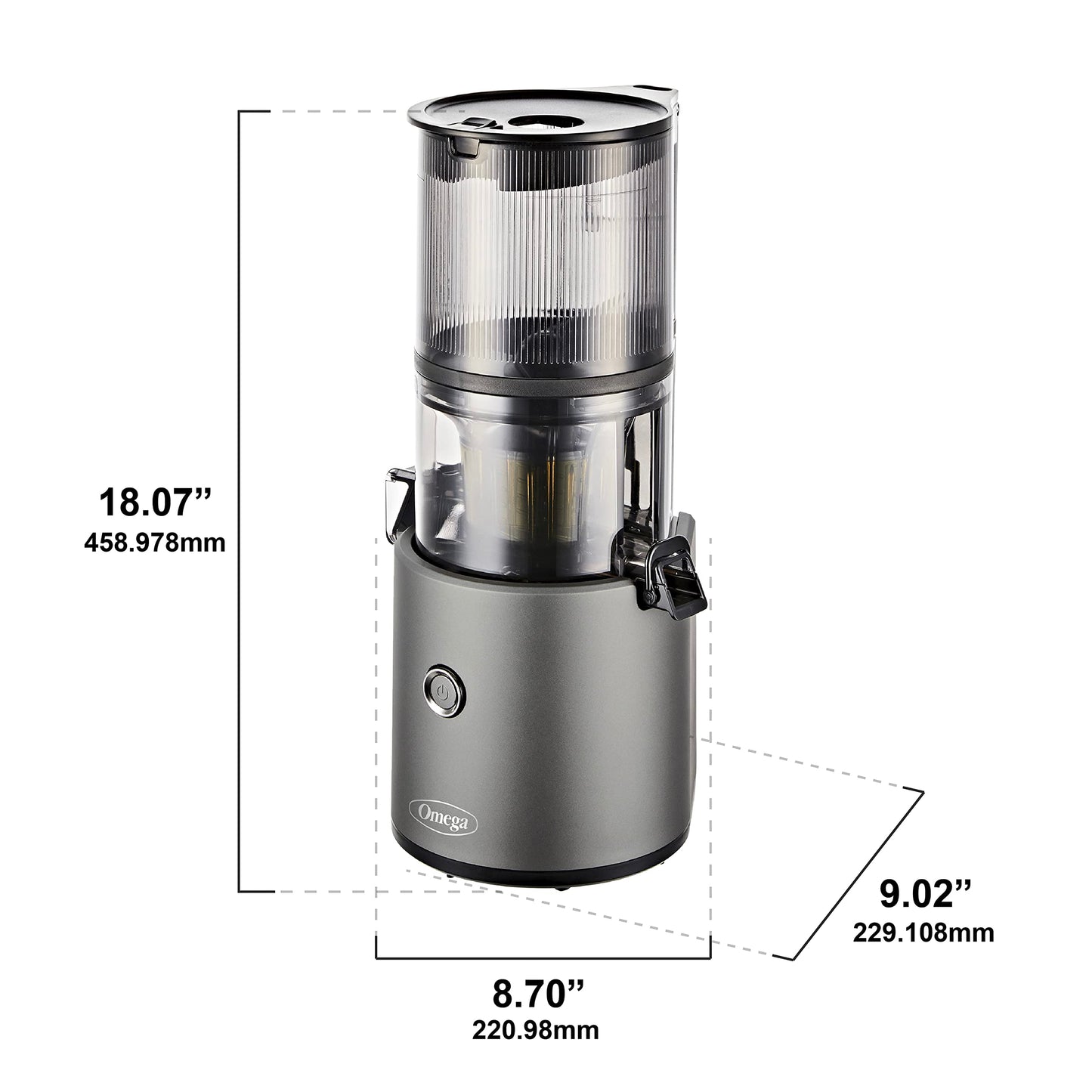 Gray coffee grinder with dimensions labeled on a white background